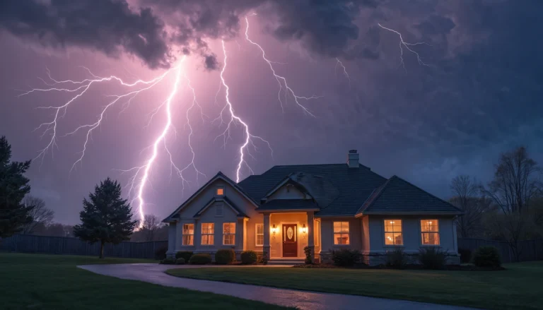 lighting behind house at night during a thunderstorm